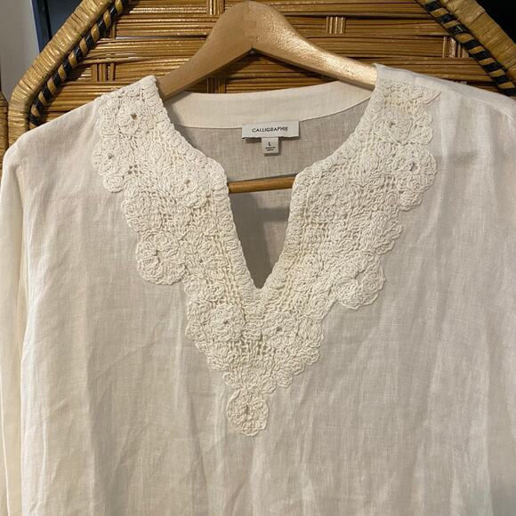 Calligraphie Linen Blend Embroidered Peasant Blouse in Ivory Size Large boho - Picture 7 of 7